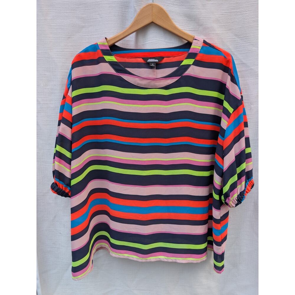 Project Runway Womens Neon Striped Handkerchief Hem Top Blouse Sz M oversized